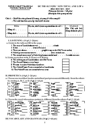 Đề thi Olympic môn Tiếng Anh Lớp 6 - Năm học 2014-2015 - Trường THCS Cự Khê (Có đáp án)